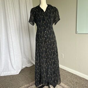 VTG 90s 100% Silk Floral Midi Dress Button Front Black and Tan Size 10